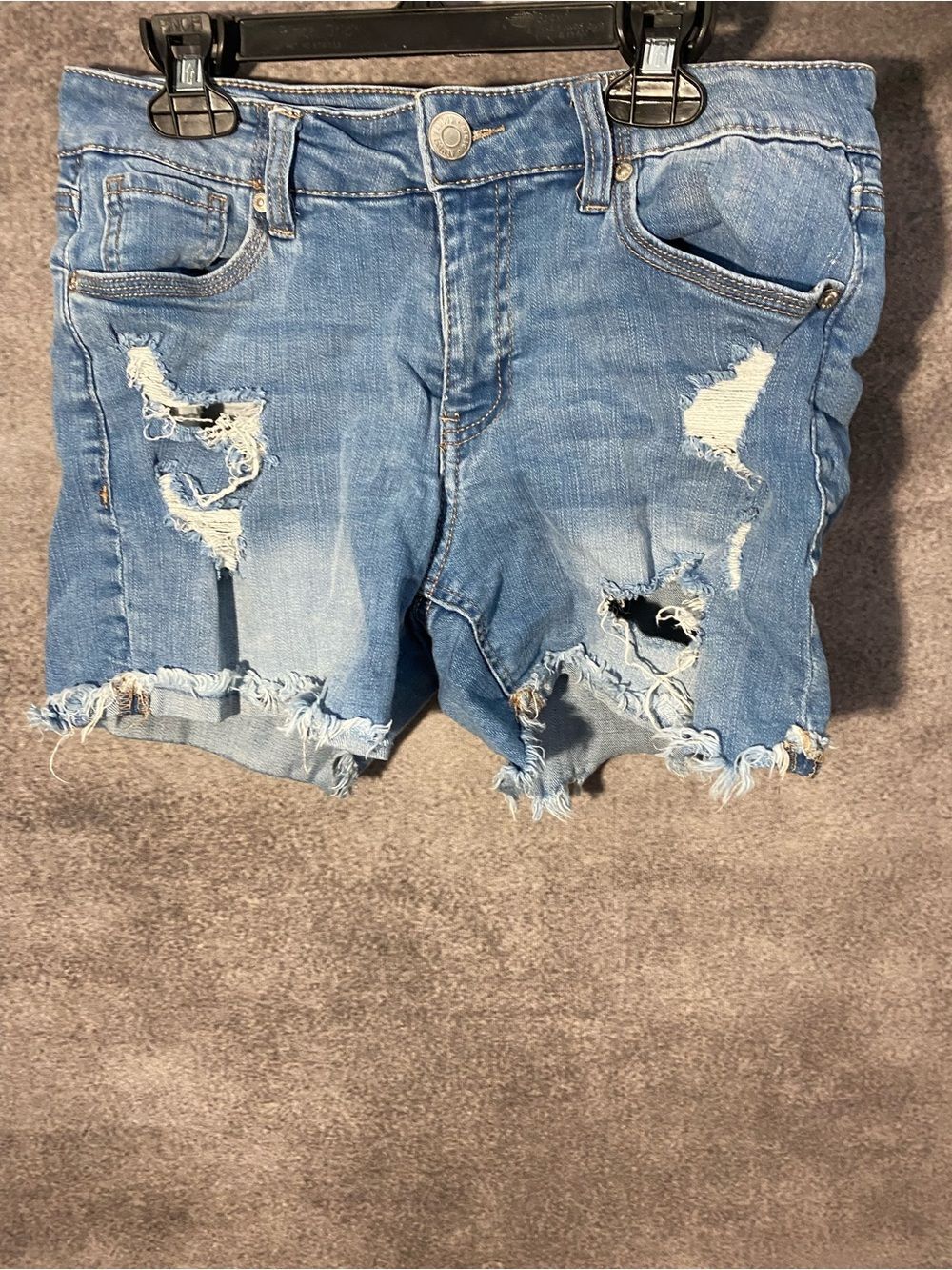Almost Famous Mid Rise Midi Denim Shorts Size 9 Distressed Frayed Hem